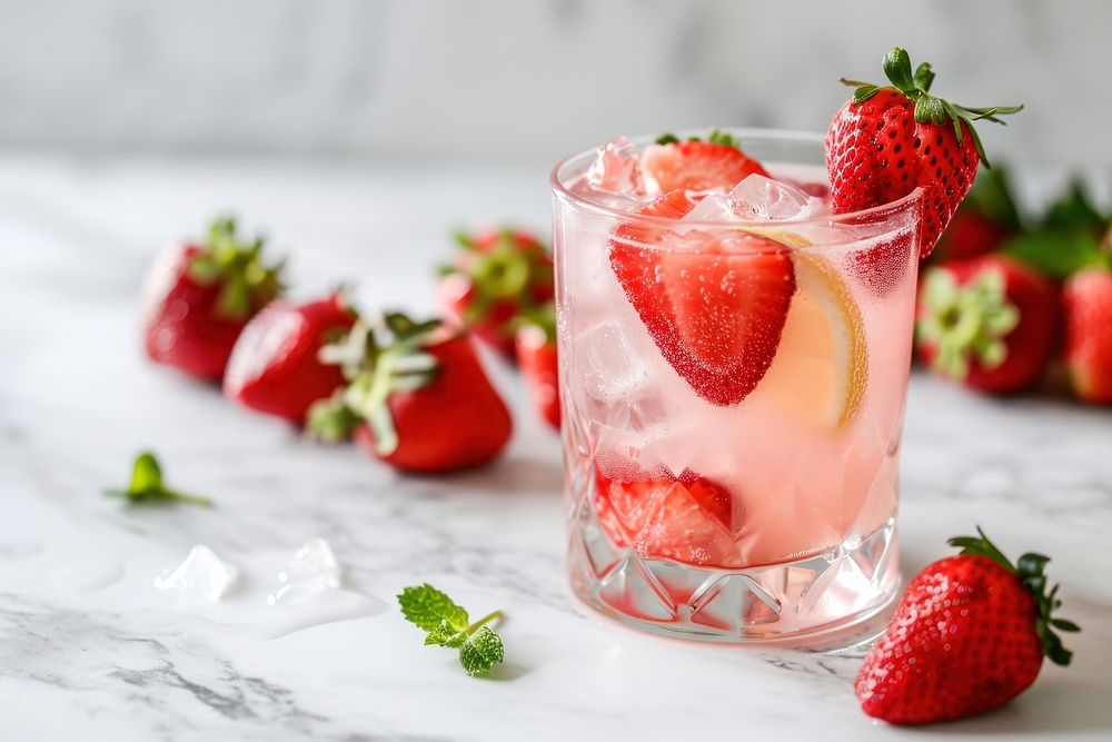 Glass of pink lemonade with strawberry fruit drink table. AI generated Image by rawpixel.