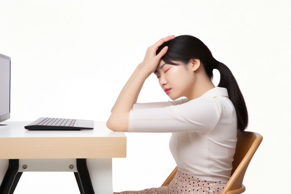 An east asian woman suffering from a headache worried sitting adult.