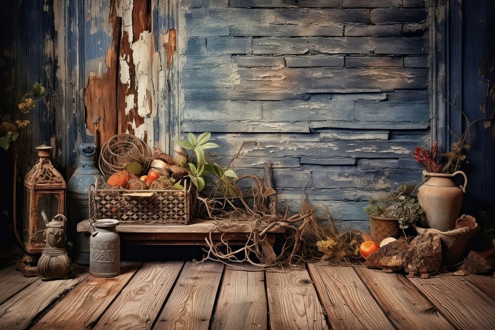 Blue wooden flooring backgrounds outdoors plant. AI generated Image by rawpixel.