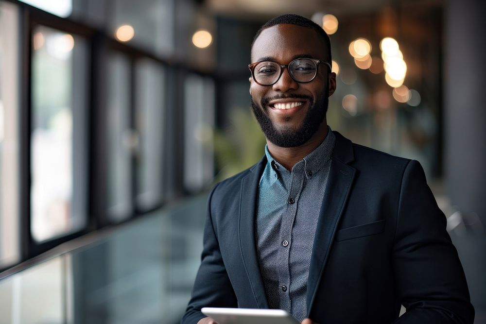Black business man smiling whild holding a tablet glasses office adult. AI generated Image by rawpixel.