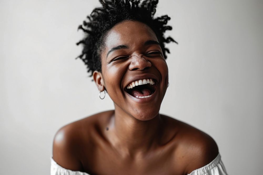 Black woman laughing smile white relaxation. AI generated Image by rawpixel.