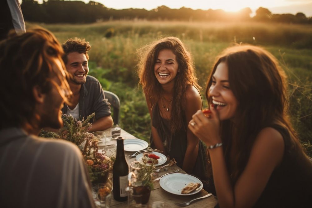 Group of friends enjoying dinner in rustic field laughing adult food. AI generated Image by rawpixel.