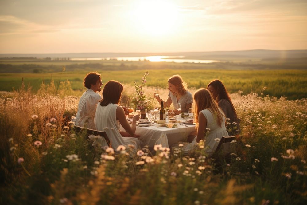 Group of friends enjoying dinner in rustic field outdoors nature adult. AI generated Image by rawpixel.