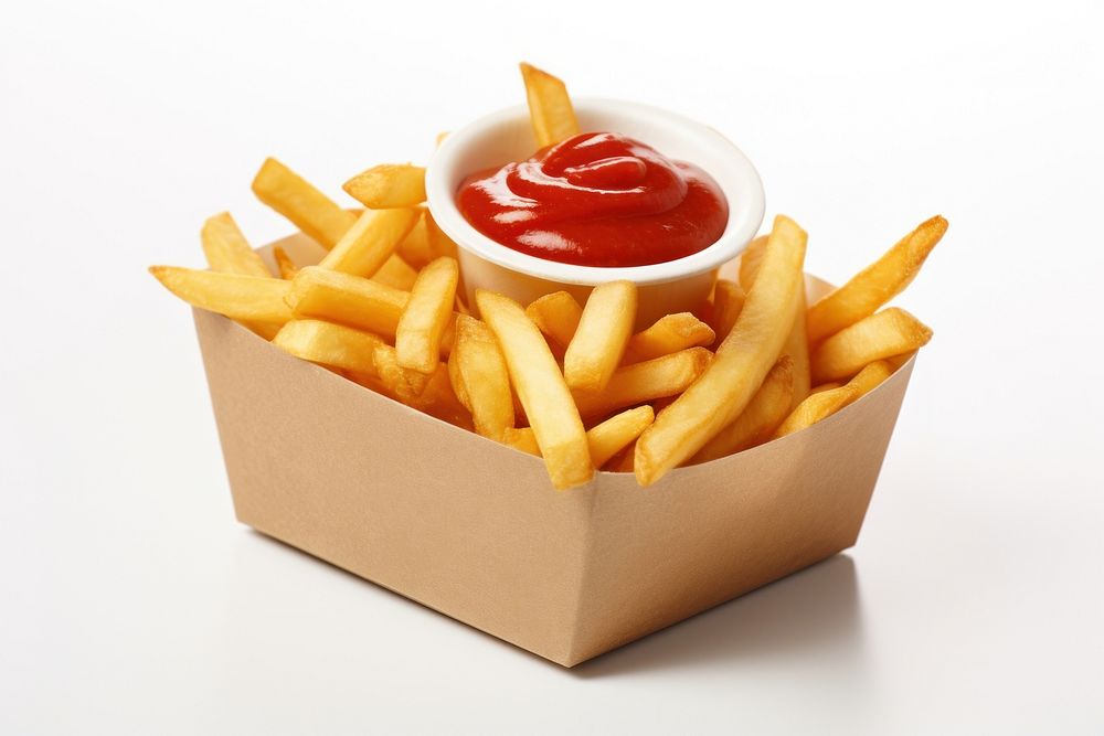 French fries ketchup sauce paper.