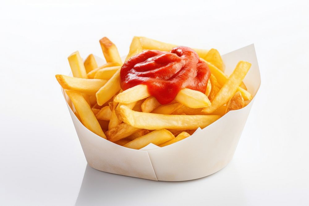 French fries ketchup paper food.