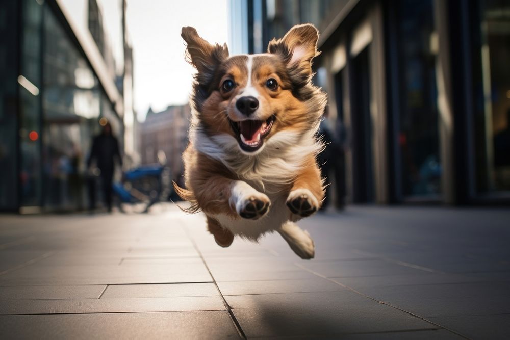 Happy dog running city mammal animal.