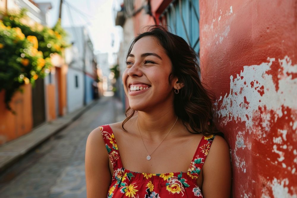 Hispanic woman smiling laughing cheerful street. AI generated Image by rawpixel.