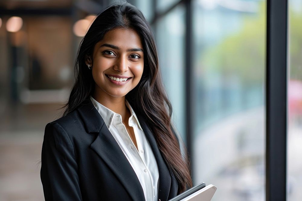 Indian business woman smiling whild holding a tablet adult smile architecture. AI generated Image by rawpixel.