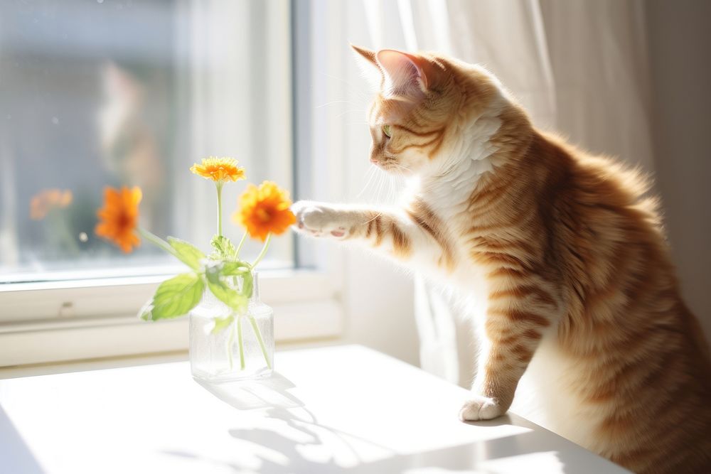 Orange cat getting cat treats windowsill animal mammal. AI generated Image by rawpixel.