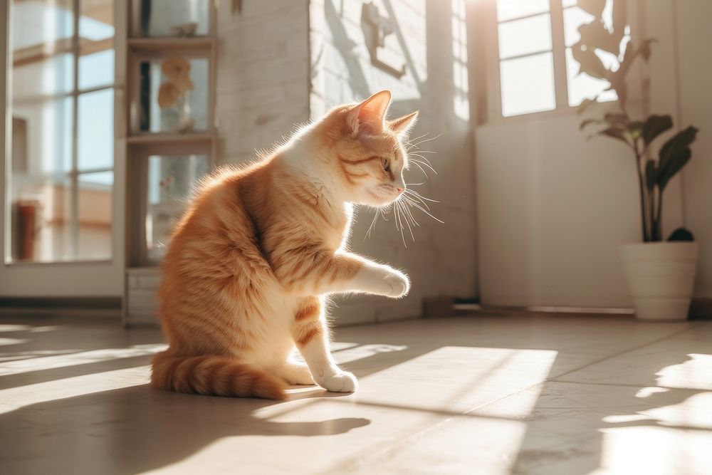 Orange cat sitting on the floor and getting a treat windowsill sunlight mammal. AI generated Image by rawpixel.