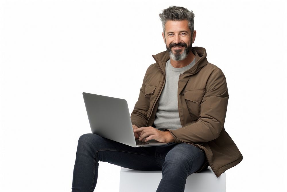 Man holding laptop computer sitting adult.