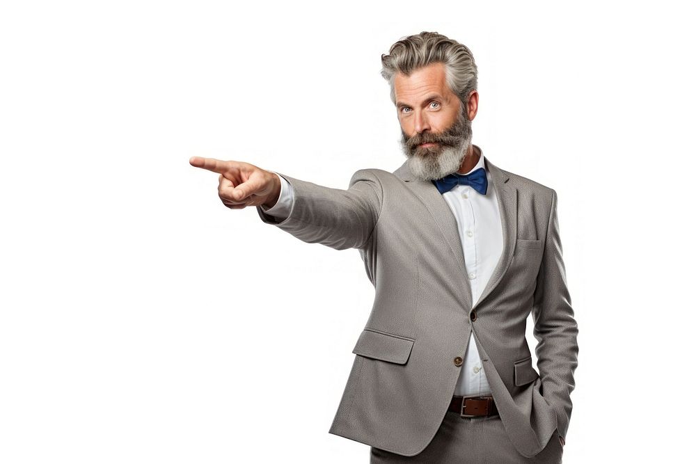 Man pointing to copyspace adult white background accessories.