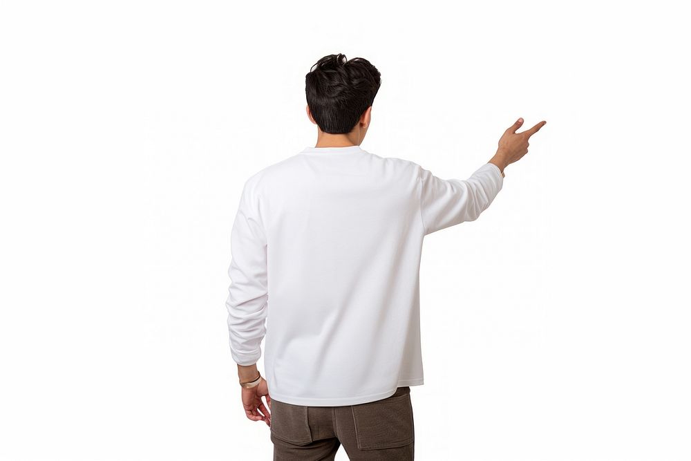 Man pointing to the back t-shirt sleeve adult.