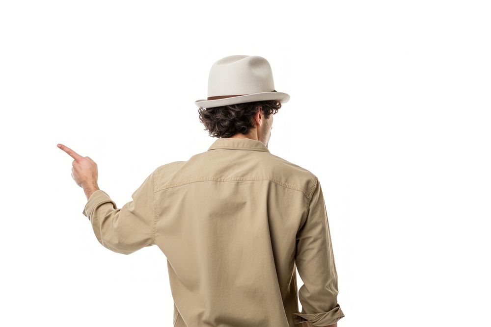 Man pointing to the back hardhat adult white background.