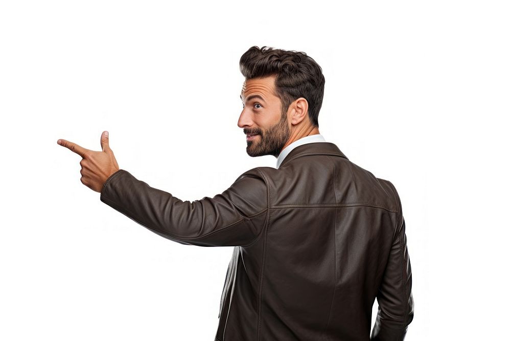Man pointing to the back adult white background hairstyle.