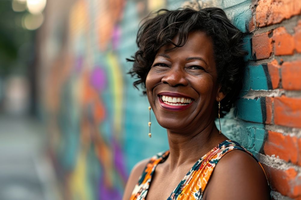 Middle-aged black woman smiling laughing cheerful adult. AI generated Image by rawpixel.