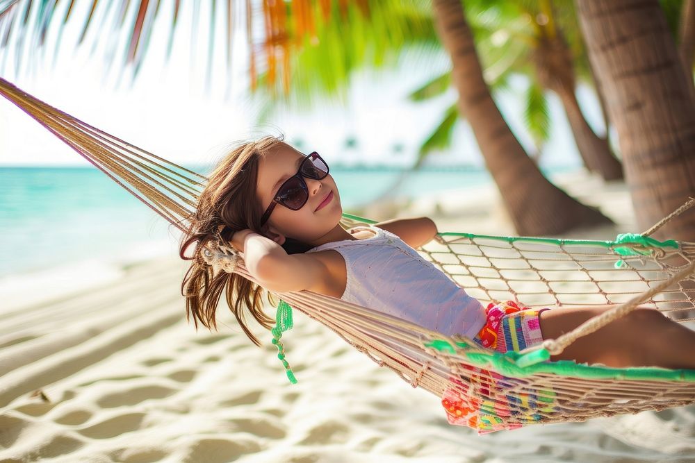 Middle Eastern girl sunbathing vacation hammock.