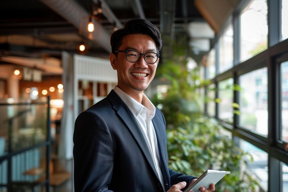 South east asian business man smiling whild holding a tablet glasses office adult. AI generated Image by rawpixel.