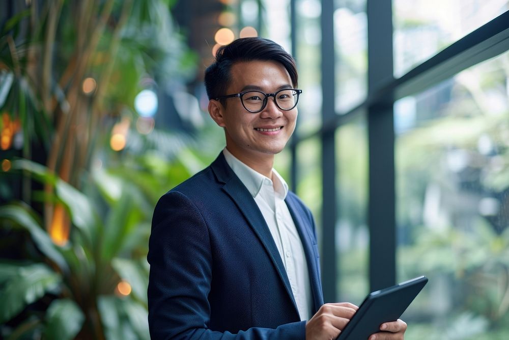 South east asian business man smiling whild holding a tablet computer glasses office. AI generated Image by rawpixel.
