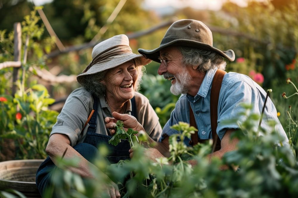 Senior couple cheerfully talking while gardening outdoors nature adult. AI generated Image by rawpixel.