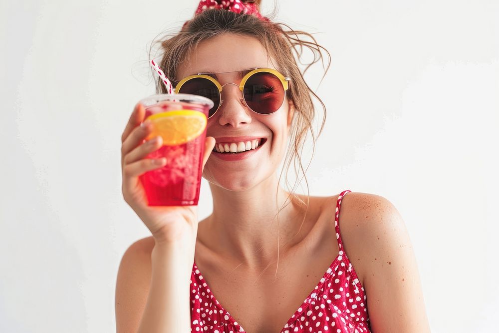 Woman wearing summer sunglasses holding a drink laughing smile soda refreshment. AI generated Image by rawpixel.