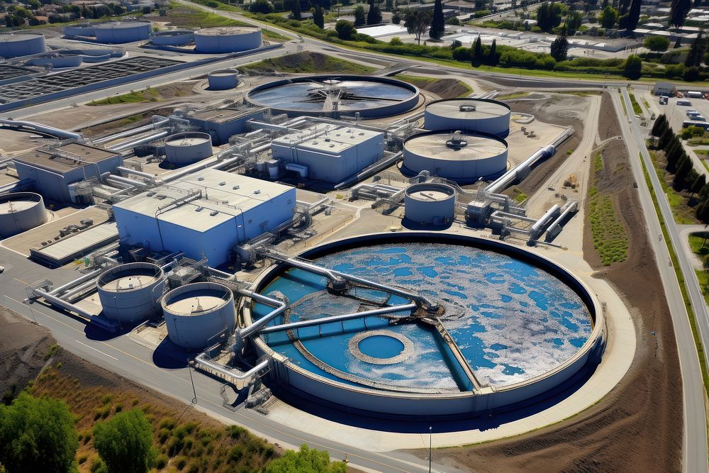 Wastewater treatment plant outdoors architecture aerial view.