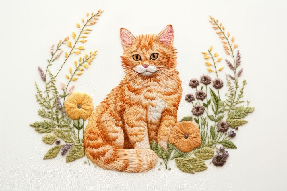 Ginger cat in embroidery style pattern animal mammal.