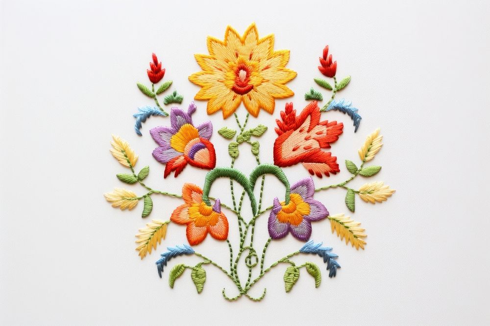 Flower in embroidery style needlework pattern textile.