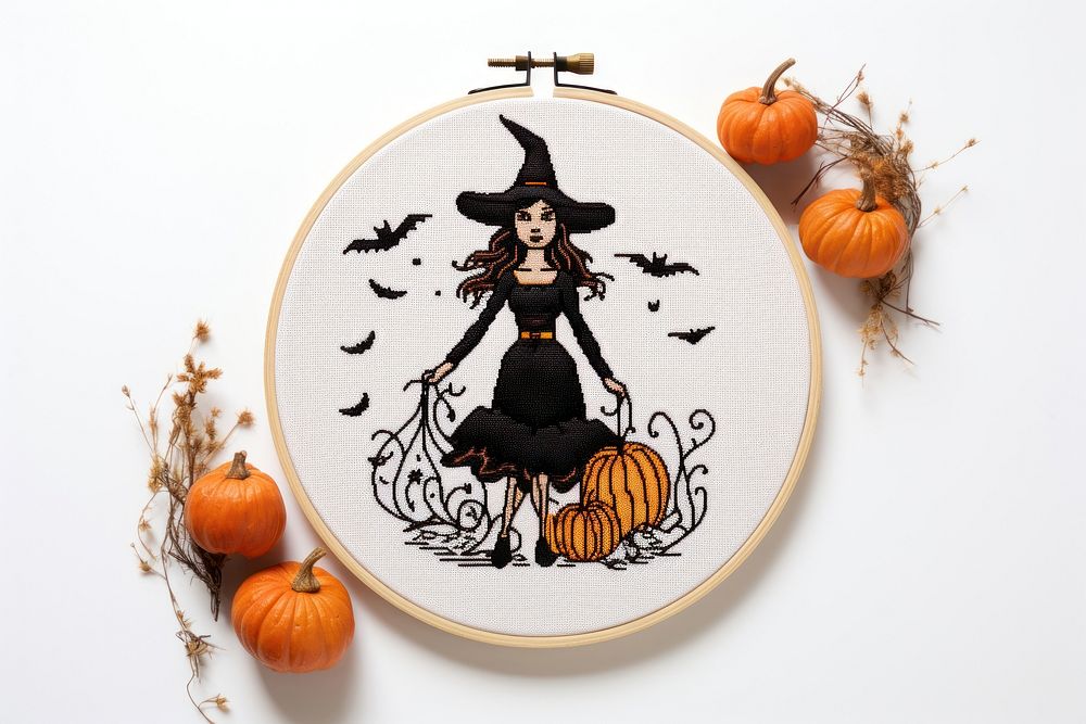 Witch in embroidery style pattern face anthropomorphic.