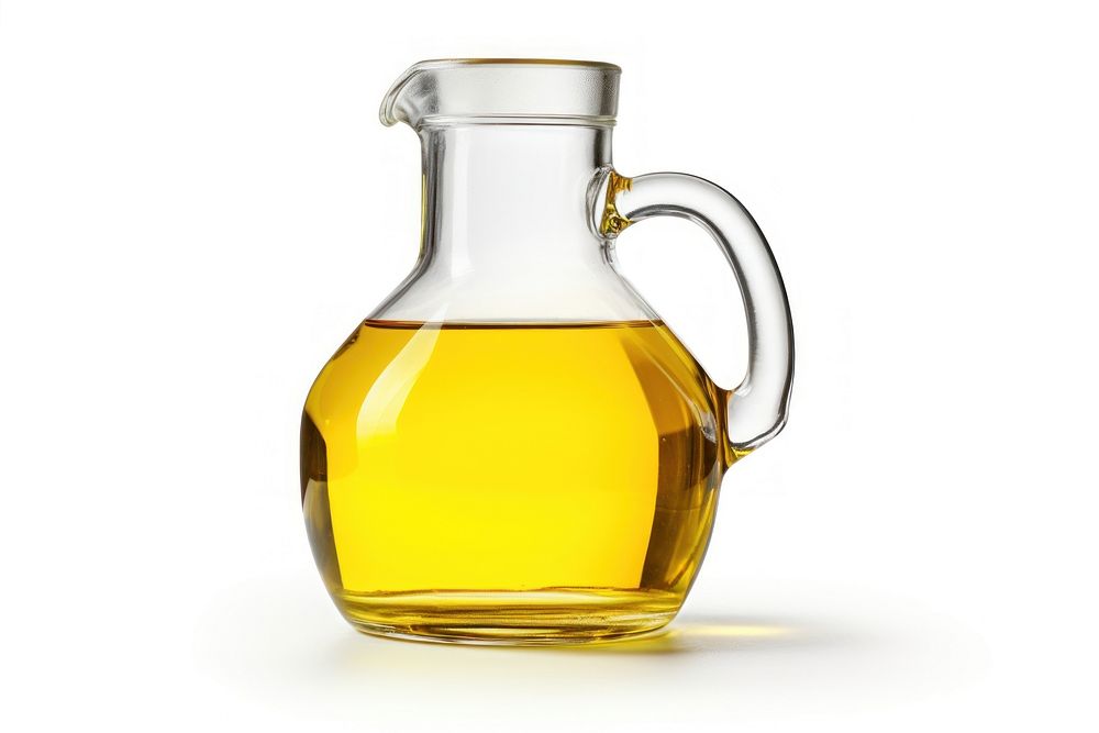 Photo of vegetable oil bottle glass white background.