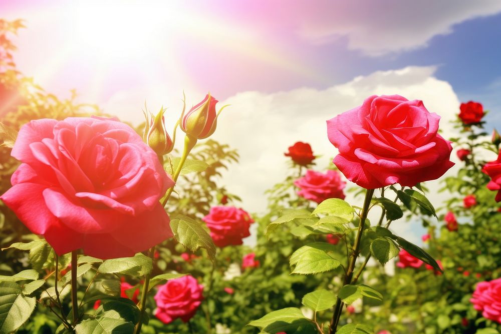 Rose flowers landscape sunlight outdoors.