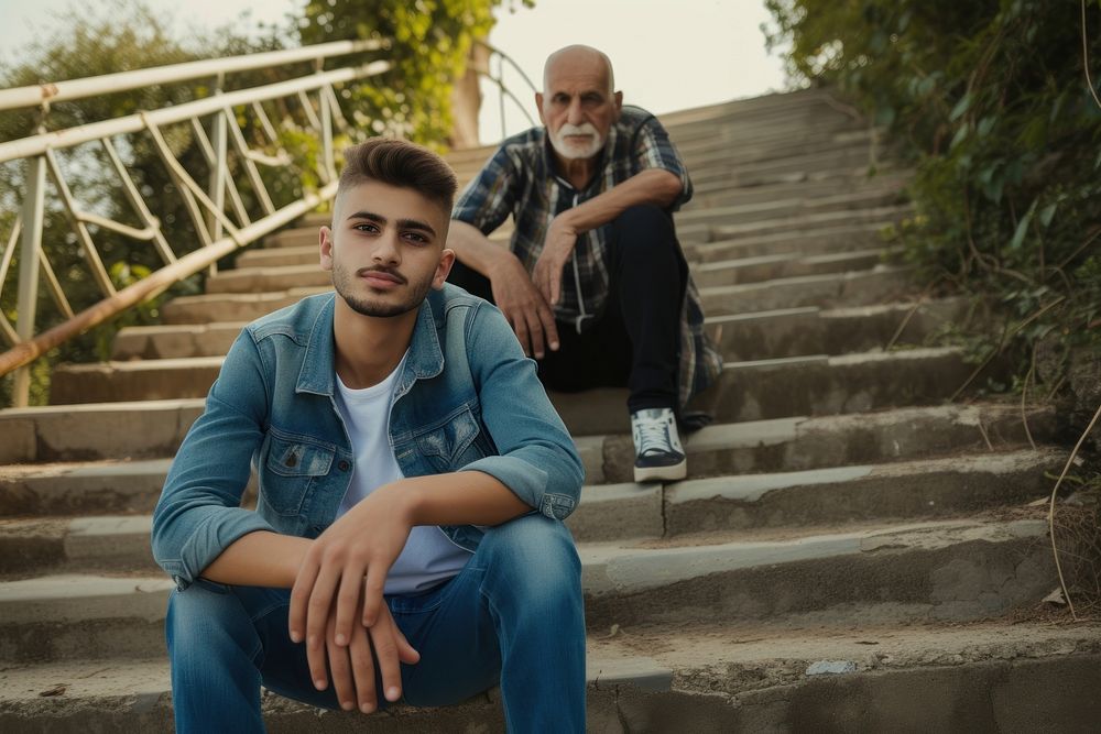 Middle eastern son and senior father sitting outdoors looking.