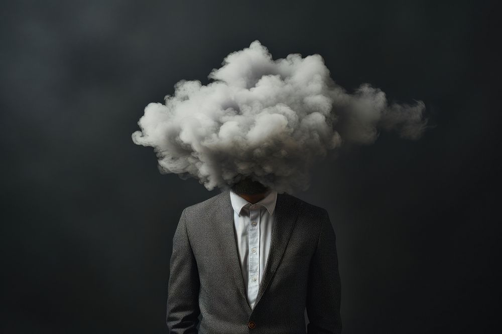 Man with a dark cloud over his head portrait smoking smoke.