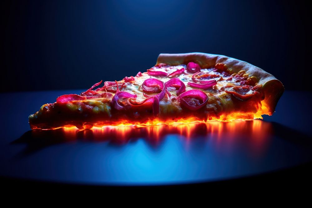 Photography of a piece pizza radiant silhouette food illuminated pepperoni.