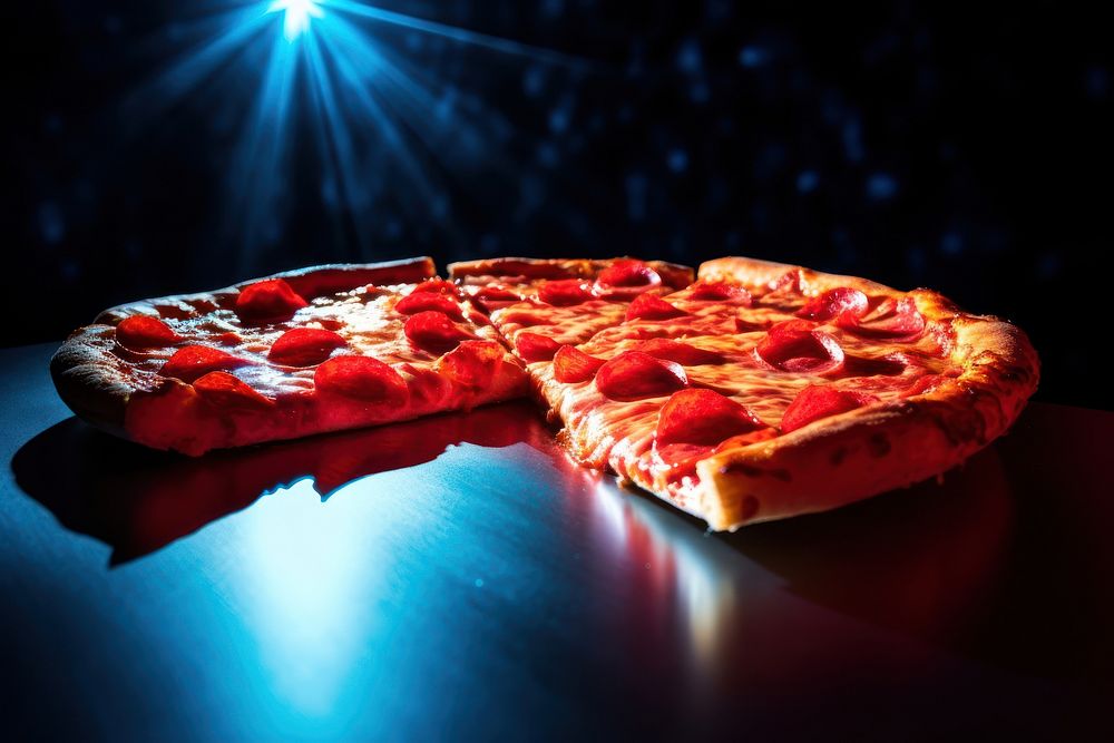 Photography of a piece pizza radiant silhouette food pepperoni freshness.