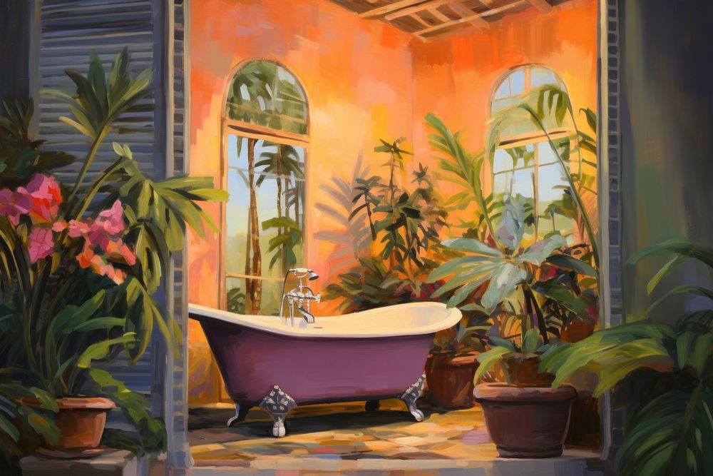 Bathroom painting bathtub plant.