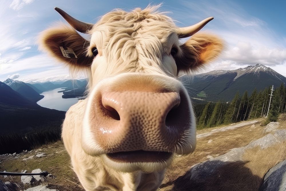 Selfie cow livestock outdoors mammal.