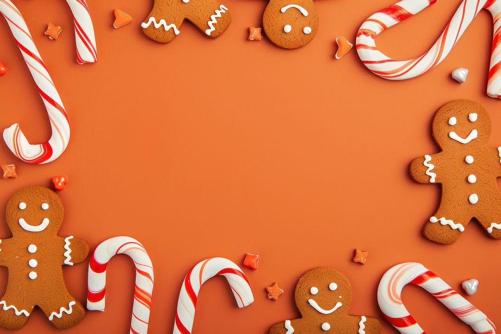 Gingerbread mans and candy cane frame backgrounds cookie food.