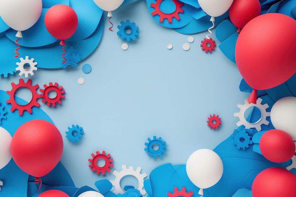 Red and blue balloons and gear frame backgrounds celebration anniversary.