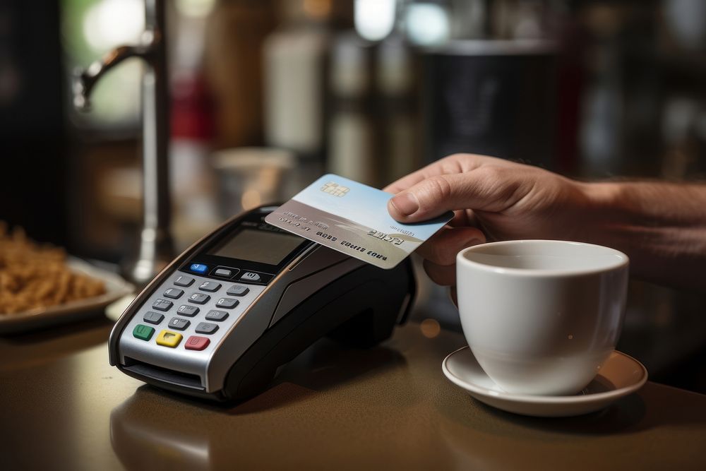 Contactless cashless payment using a credit card coffee cup mug.