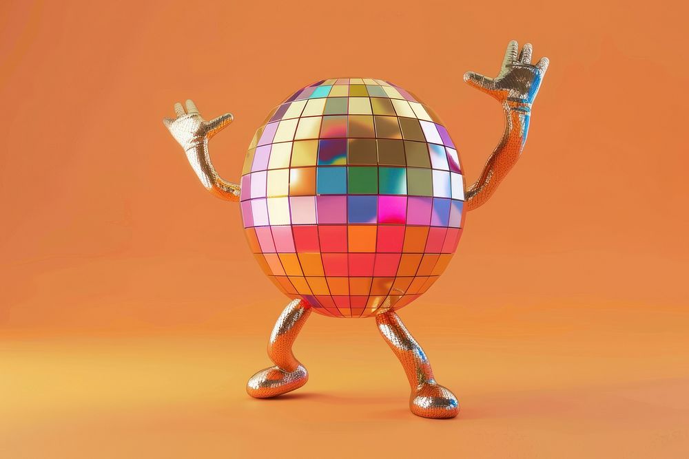 Disco ball character cartoon celebration creativity.