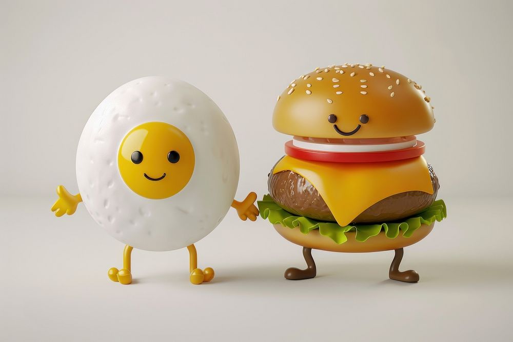 3d fried egg and burger character cartoon food toy.