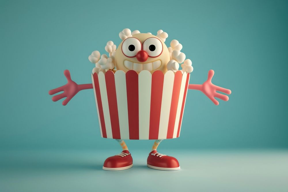 3d popcorn bucket character cartoon food representation.