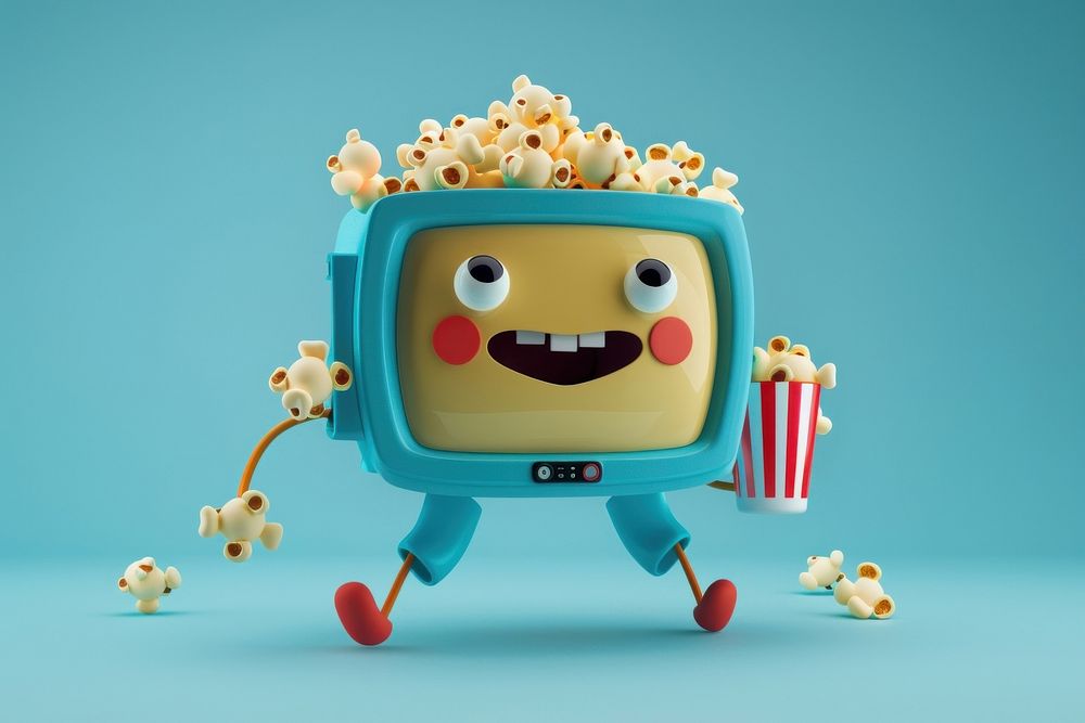 3d tv and popcorn bucket character cartoon movie technology.
