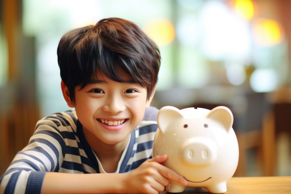 A boy put money in piggy bank smiling child representation.