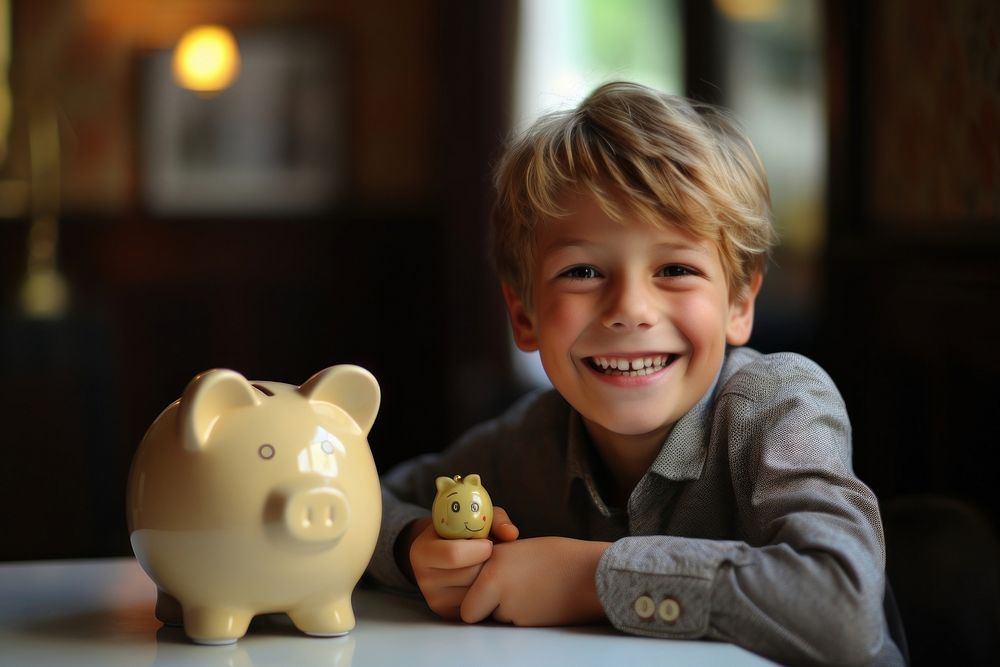 A boy put money in piggy bank portrait smiling child.