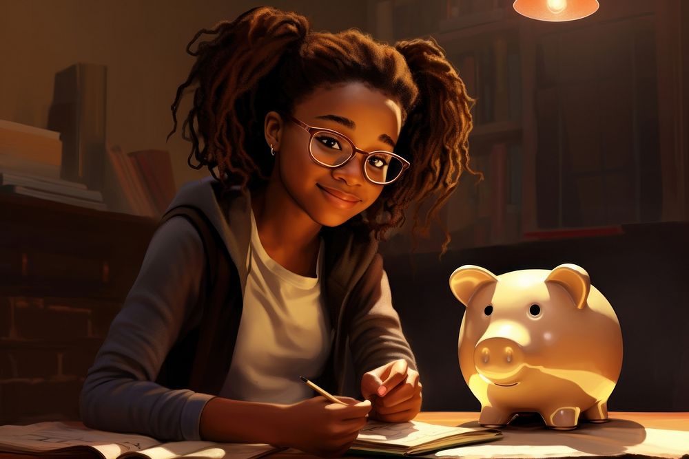 A black female teenager is putting coin in her piggy bank cartoon adult accessories.
