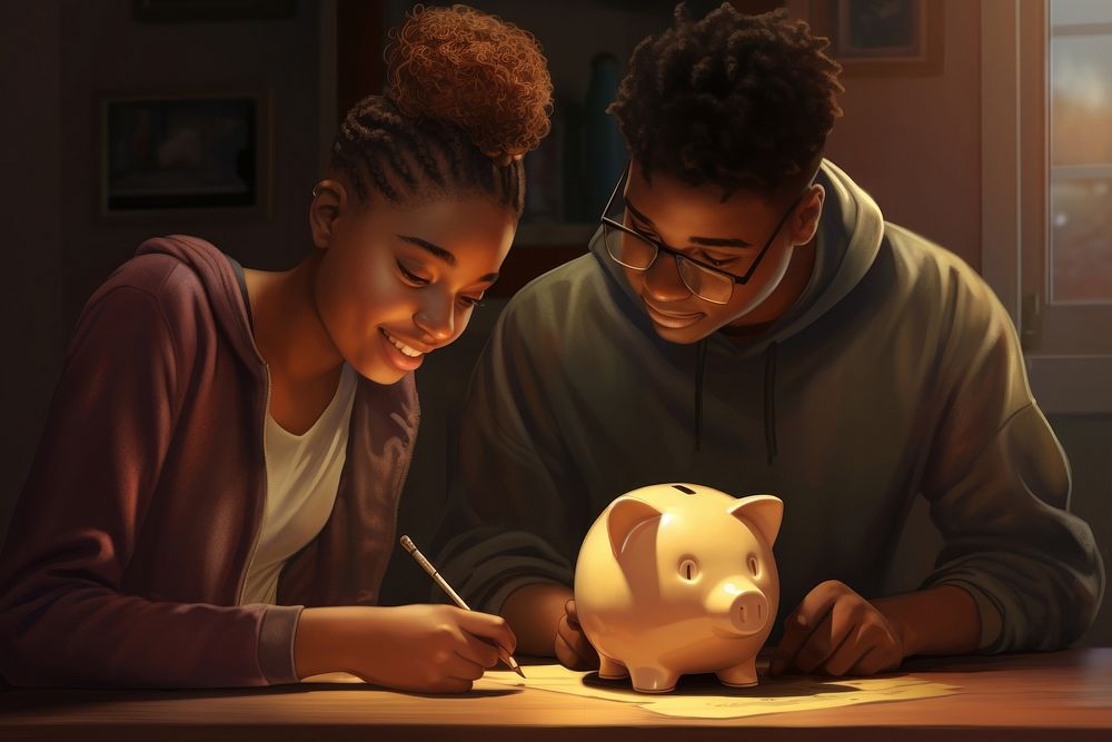 A black male teenager is putting coin in her piggy bank adult togetherness affectionate.