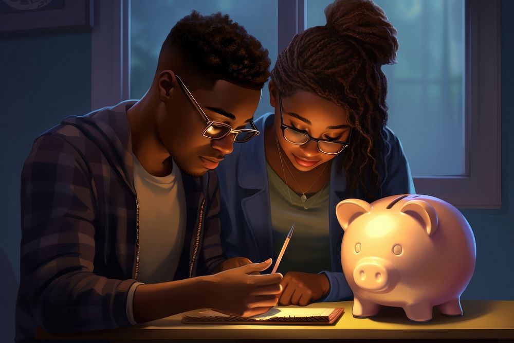 A black male teenager is putting coin in her piggy bank adult togetherness architecture.