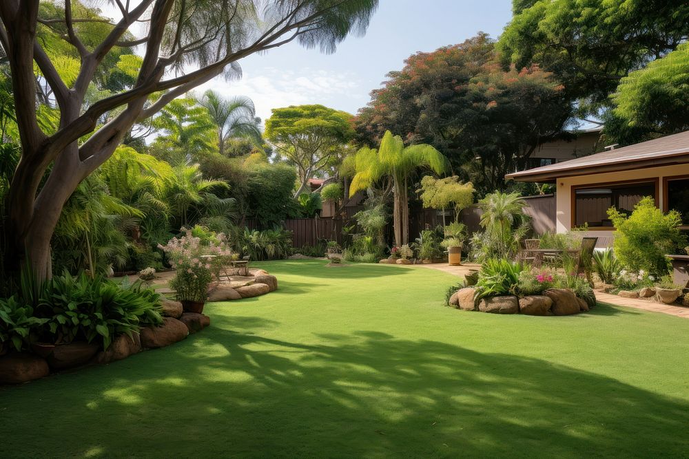 Wide green lawn backyard plant architecture.